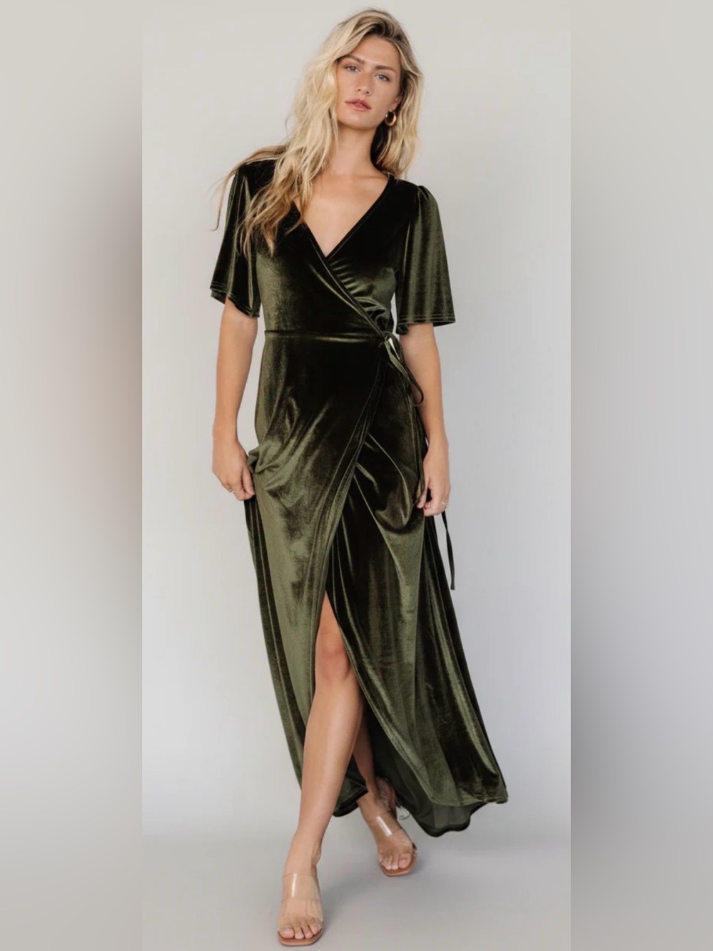 Baltic Born Katelyn Velvet Maxi Wrap Dress Dark Olive